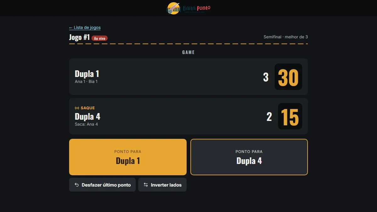 Placar da mesa no beach tennis: games e sets de cada dupla, ponto do game e quem saca